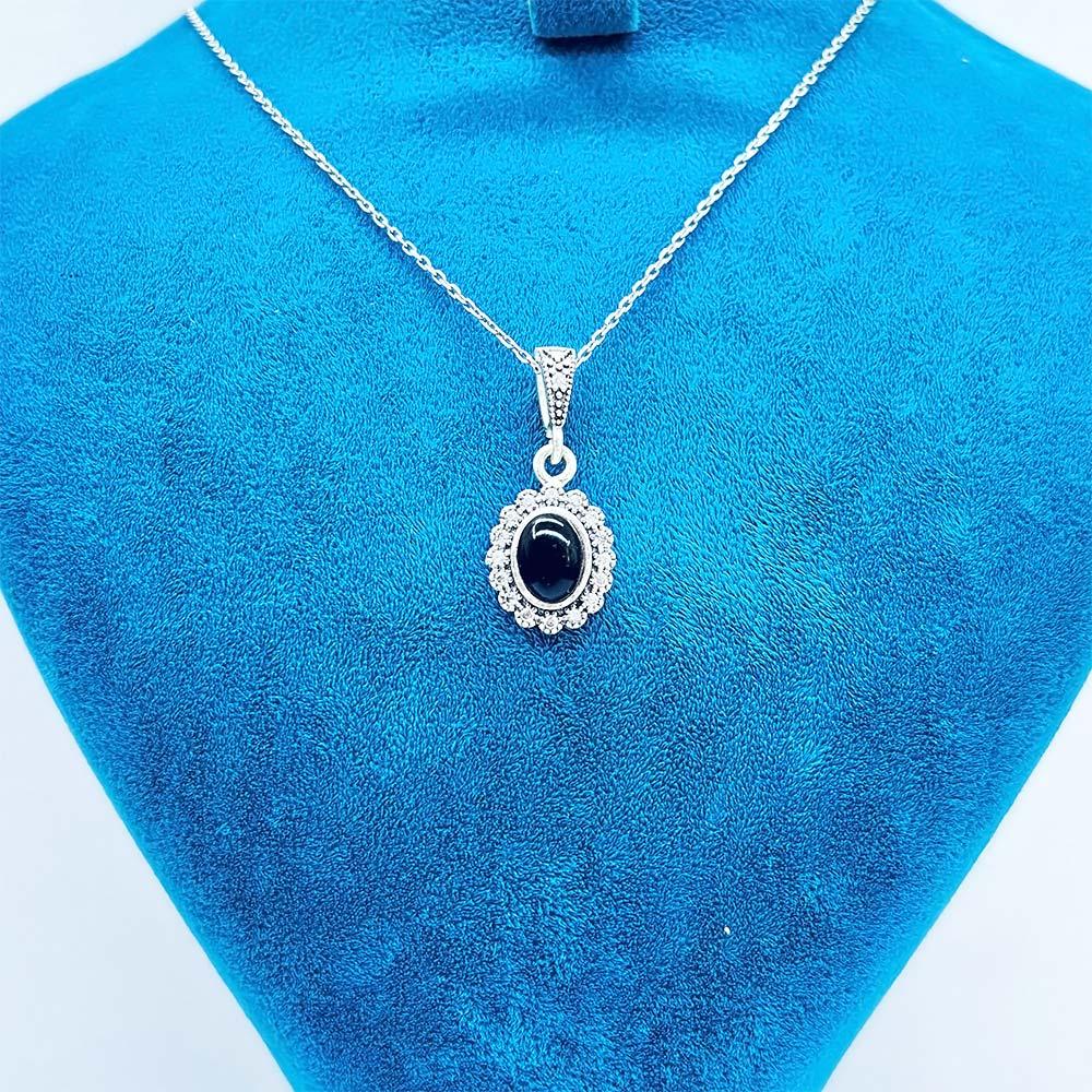 Oval Zircon & Oltu Stone Crafted 925 K Silver Necklace