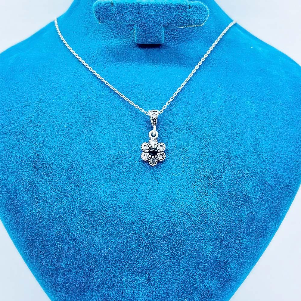 Daisy Zircon & Oltu Stone Design 925 K Silver Necklace