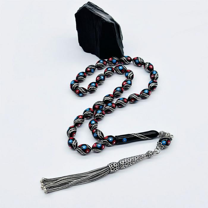 Renkli Çeşmi Bülbül İşlemeli Erzurum Oltu Taşı Tesbih