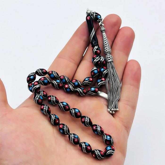 Renkli Çeşmi Bülbül İşlemeli Erzurum Oltu Taşı Tesbih