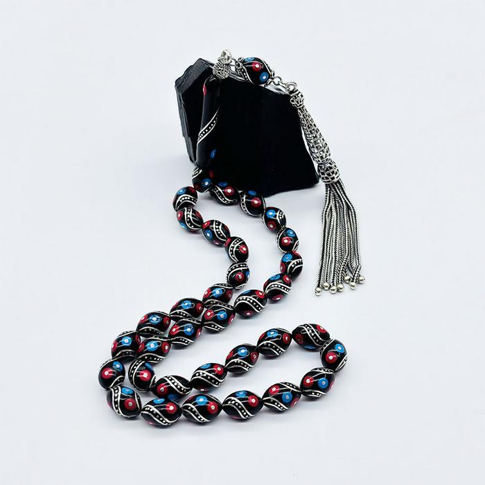 Renkli Çeşmi Bülbül İşlemeli Erzurum Oltu Taşı Tesbih