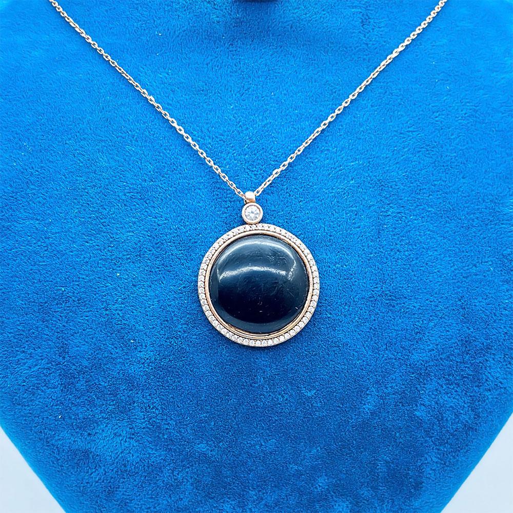 Roz Renkte Oltu Stone Crafted 925 K Silver Necklace