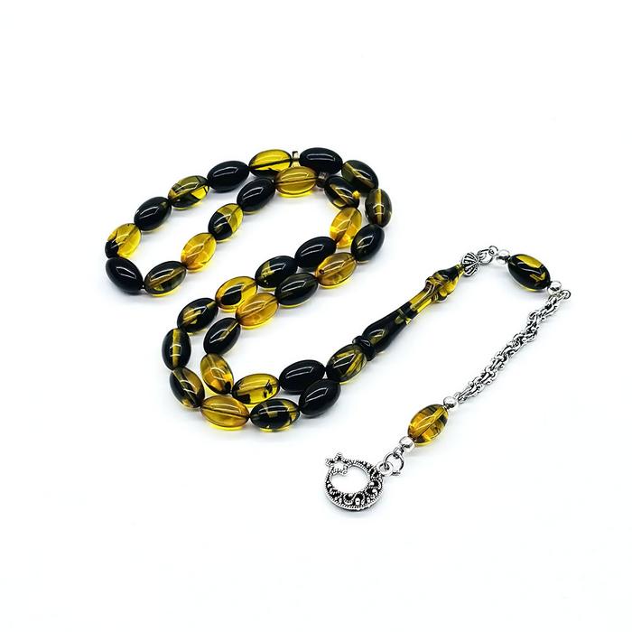 Sarı Siyah Hareli Sıkma Ateş Kehribar Tesbih