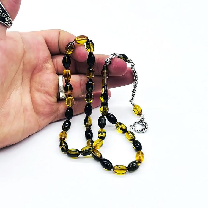 Sarı Siyah Hareli Sıkma Ateş Kehribar Tesbih