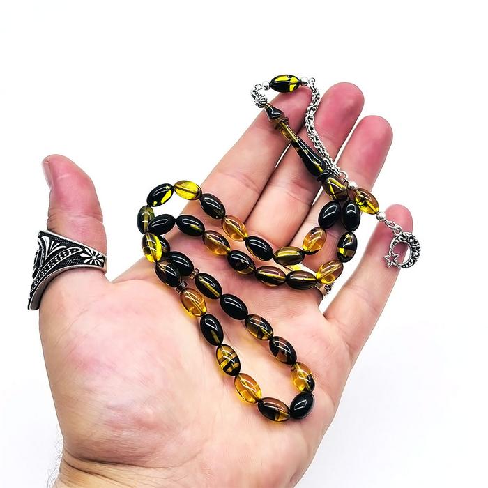 Sarı Siyah Hareli Sıkma Ateş Kehribar Tesbih