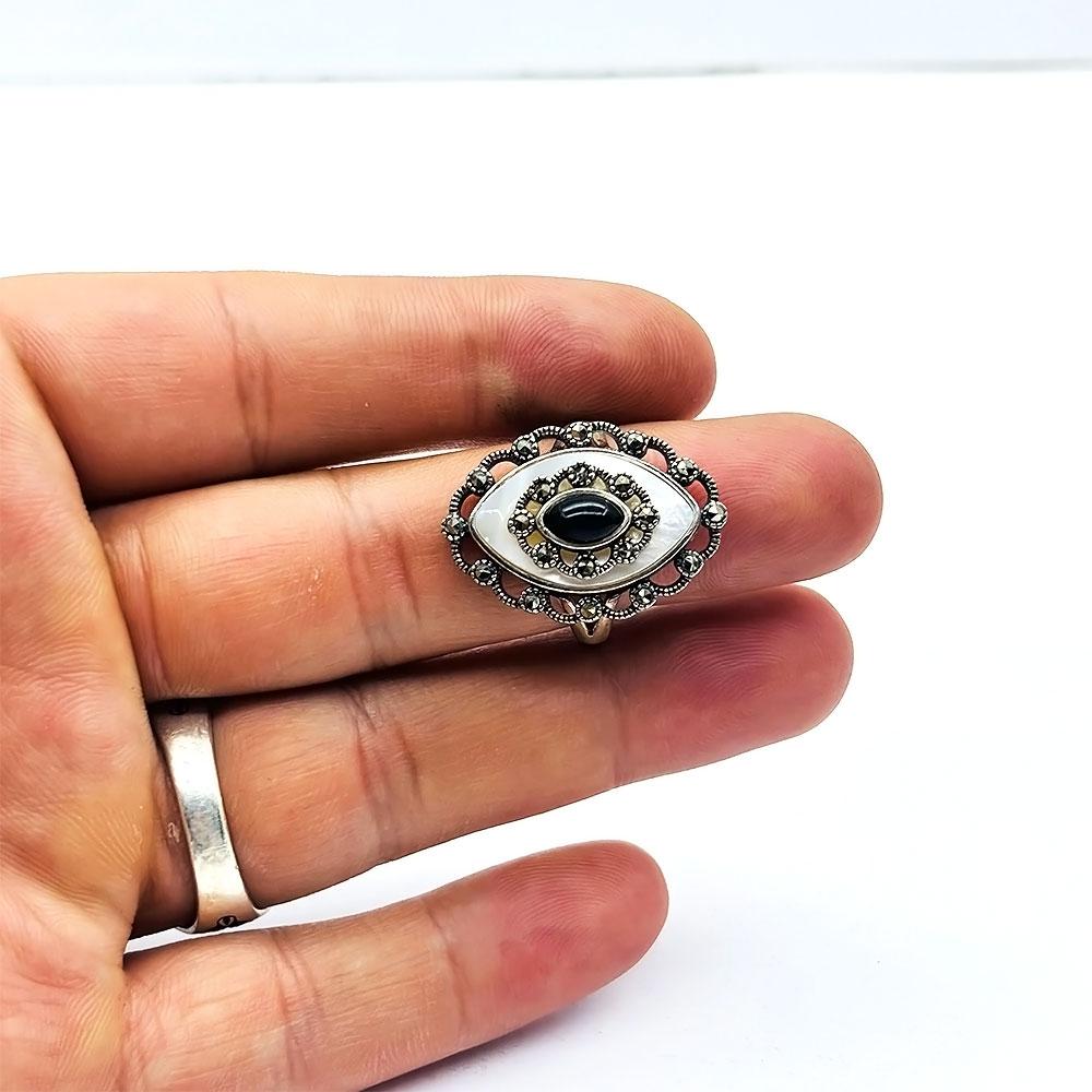 Mother-of-Pearl Oltu Stone Crafted 925 K Silver Ring