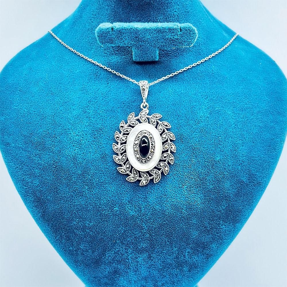 Mother-of-Pearl & Oltu Stone Crafted 925 K Silver Necklace