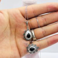 Sedef ve Oltu Taşı İşçilikli 925 Ayar Gümüş Kolye Küpe Yüzük Set