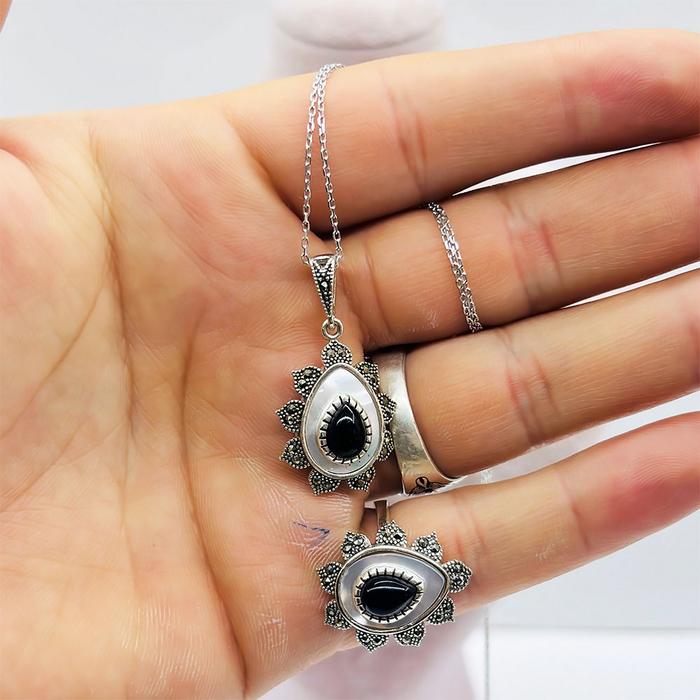 Sedef ve Oltu Taşı İşçilikli 925 Ayar Gümüş Kolye Küpe Yüzük Set