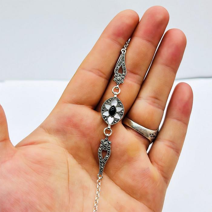 Sedef ve Oltu Taşı İşçilikli 925 Ayar Gümüş Bileklik