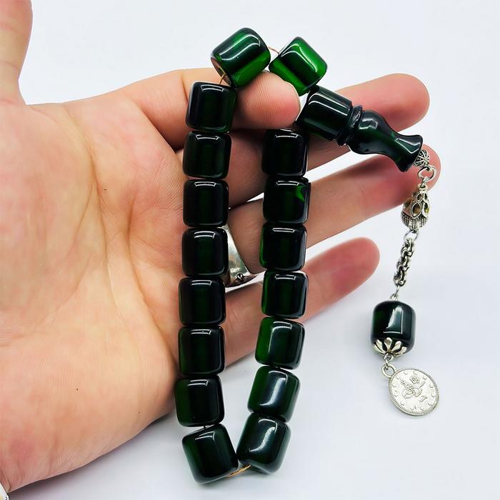 Şeffaf Koyu Yeşil Renkte Efe Maskot Sıkma Ateş Kehribar Tesbih