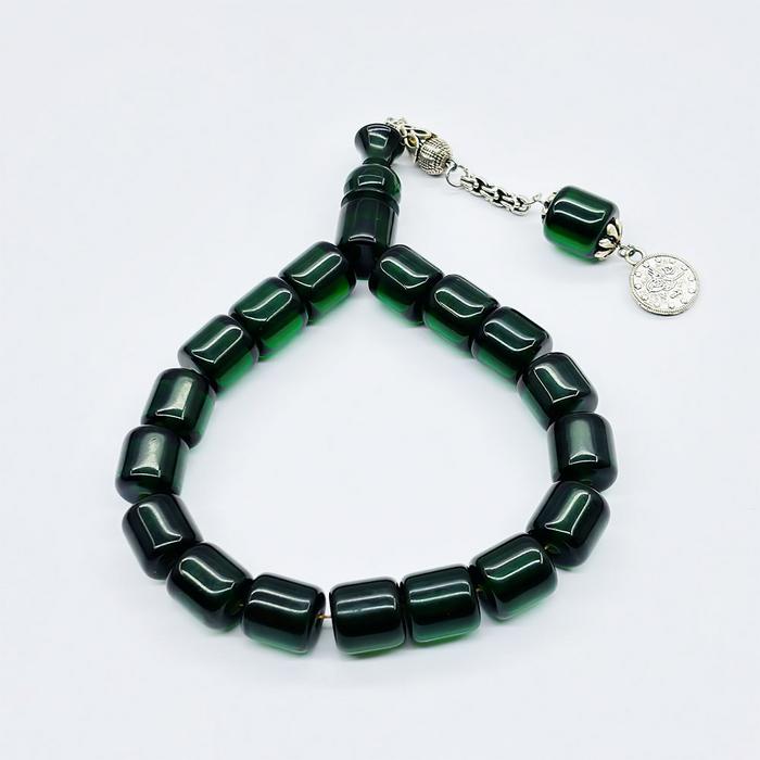 Şeffaf Koyu Yeşil Renkte Efe Maskot Sıkma Ateş Kehribar Tesbih