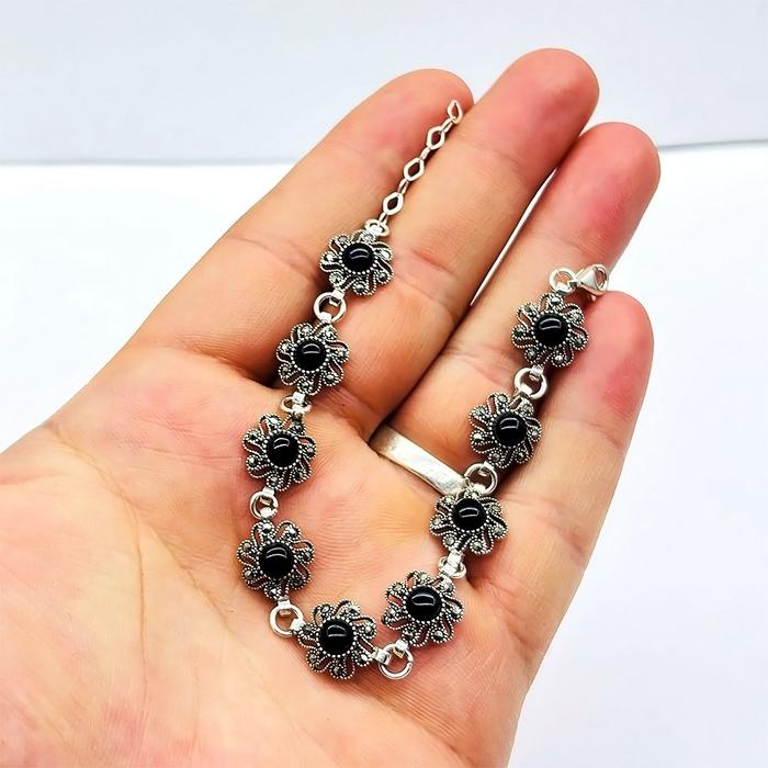 Su Yolu Oltu Taşı İşçilikli 925 Ayar Gümüş Bileklik