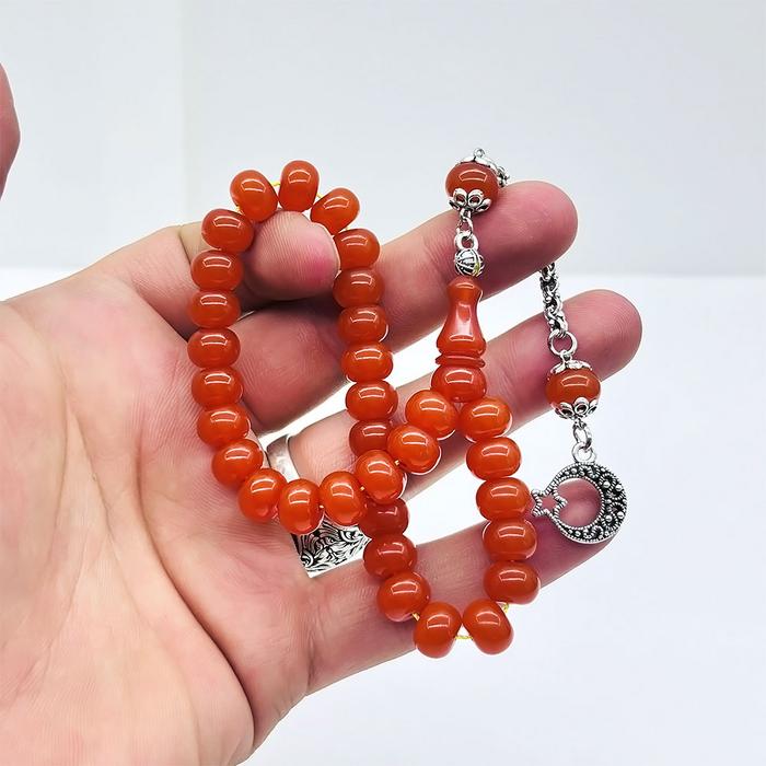 Turuncu Renk Basık Model Sıkma Ateş Kehribar Tesbih