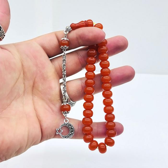 Turuncu Renk Basık Model Sıkma Ateş Kehribar Tesbih