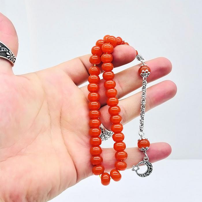 Turuncu Renk Basık Model Sıkma Ateş Kehribar Tesbih