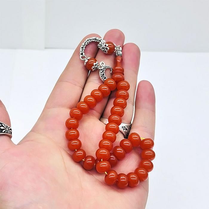 Turuncu Renk Basık Model Sıkma Ateş Kehribar Tesbih