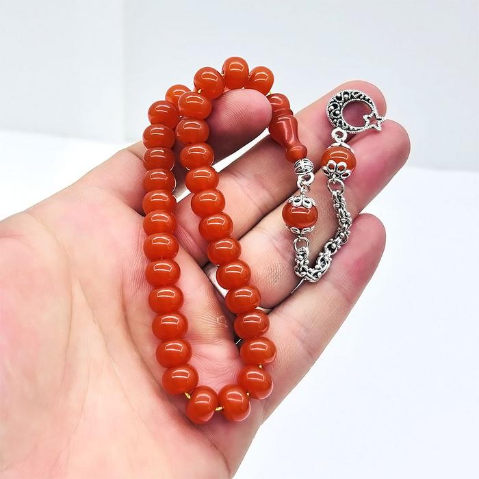 Turuncu Renk Basık Model Sıkma Ateş Kehribar Tesbih