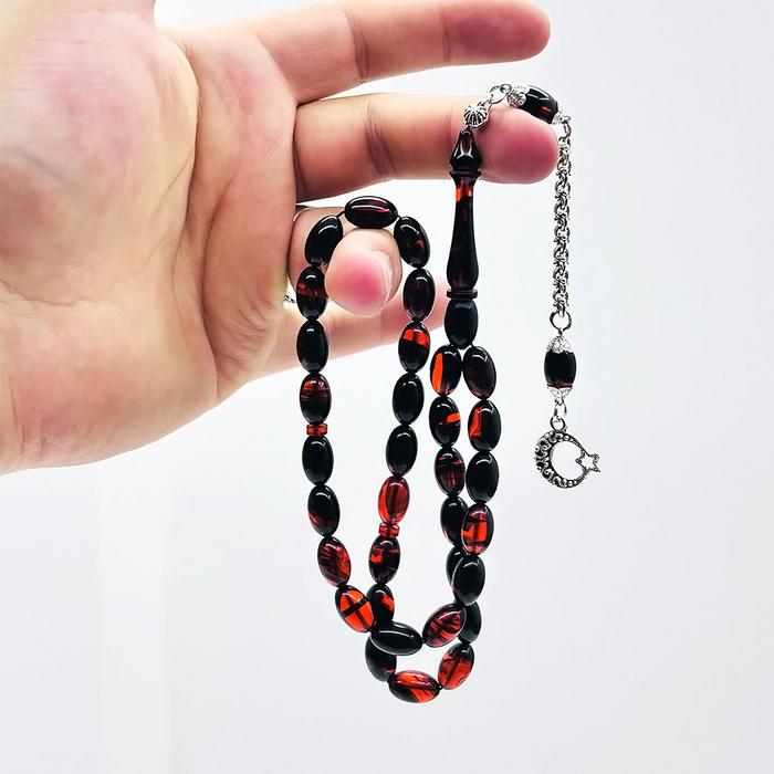 Turuncu Siyah Hareli Sıkma Ateş Kehribar Tesbih