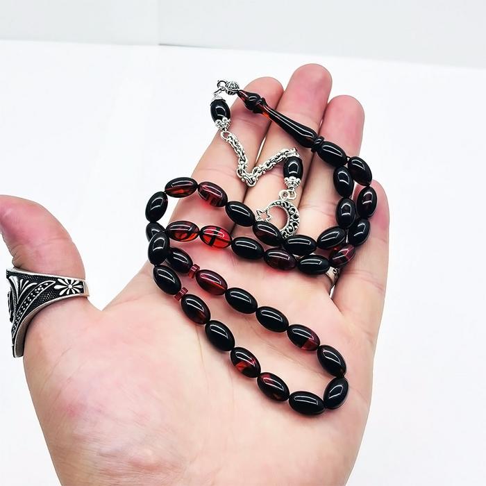 Turuncu Siyah Hareli Sıkma Ateş Kehribar Tesbih