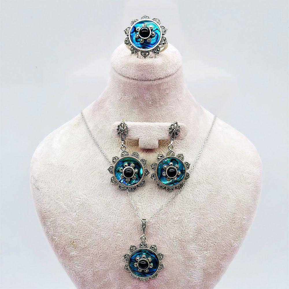 Green Enamel & Oltu Stone Crafted 925 K Silver Necklace Earrings Ring Set