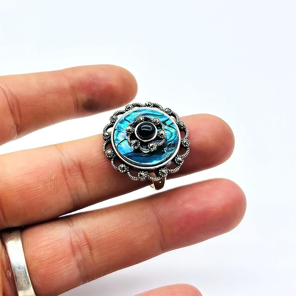 Green Enamel & Oltu Stone Crafted 925 K Silver Ring