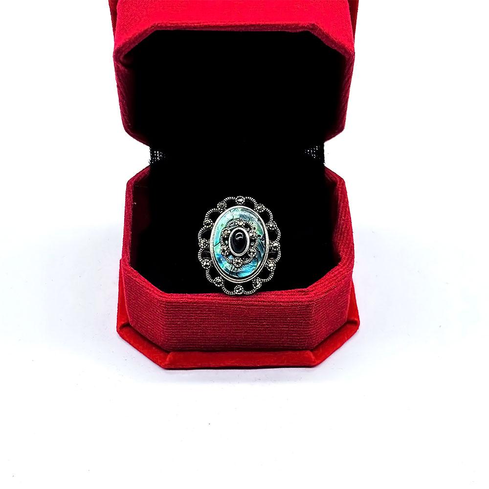 Green Enamel & Oltu Stone Crafted 925 K Silver Ring