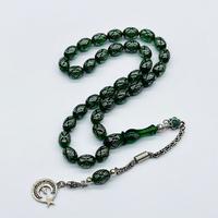 Yeşil Renkte 925 Ayar Gümüş İşlemeli Sıkma Ateş Kehribar Tesbih