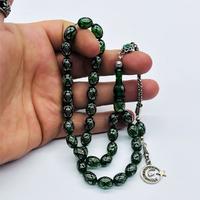 Yeşil Renkte 925 Ayar Gümüş İşlemeli Sıkma Ateş Kehribar Tesbih