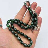 Yeşil Renkte 925 Ayar Gümüş İşlemeli Sıkma Ateş Kehribar Tesbih