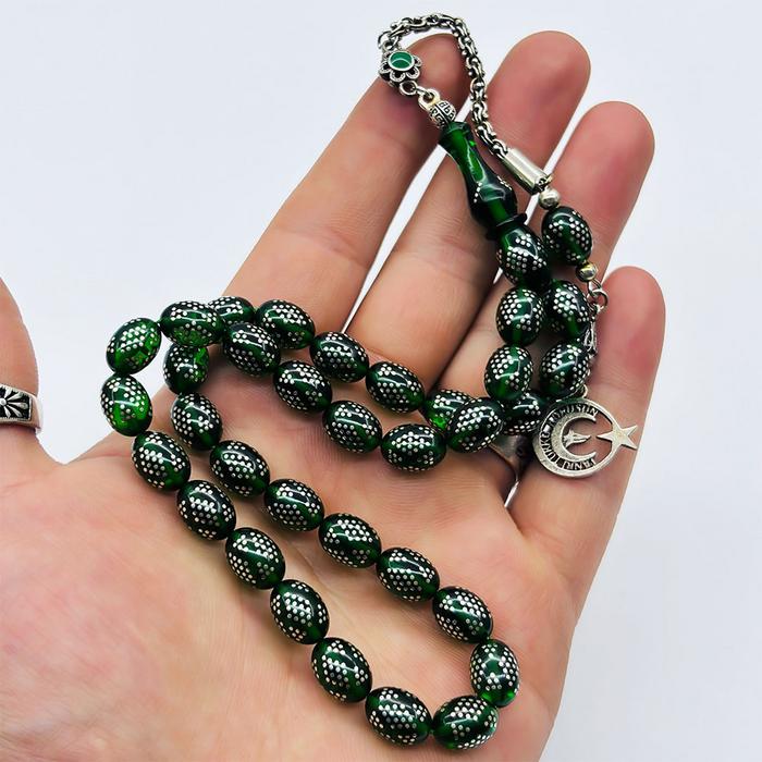Yeşil Renkte 925 Ayar Gümüş İşlemeli Sıkma Ateş Kehribar Tesbih