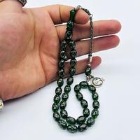 Yeşil Renkte 925 Ayar Gümüş İşlemeli Sıkma Ateş Kehribar Tesbih