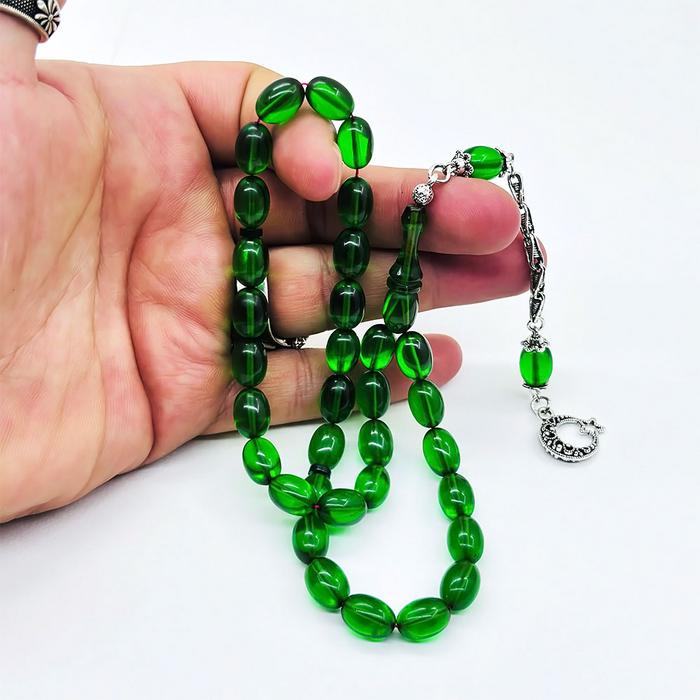 Yeşil Renkte Beyzi Kesim Sıkma Ateş Kehribar Tesbih