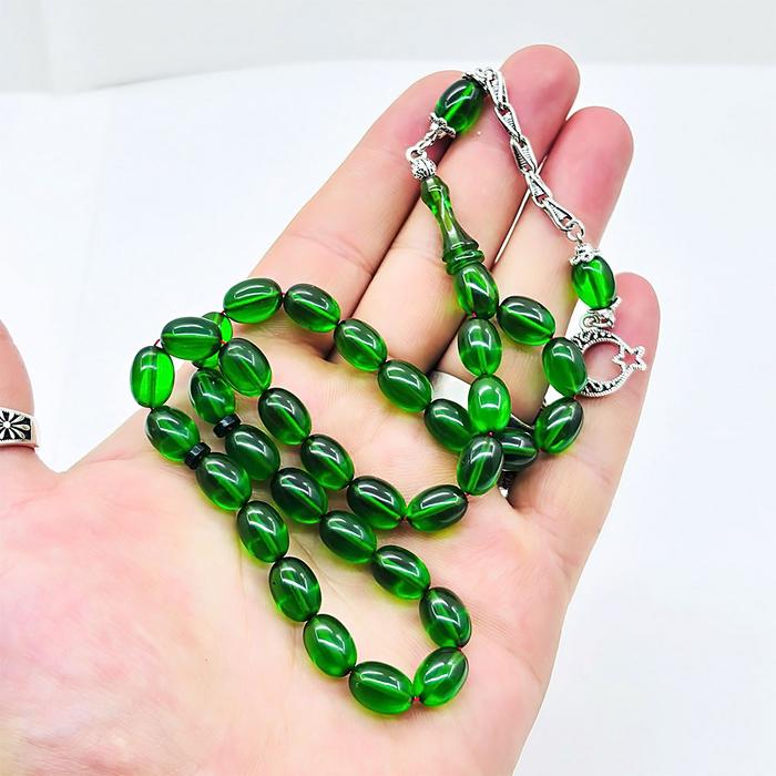 Yeşil Renkte Beyzi Kesim Sıkma Ateş Kehribar Tesbih