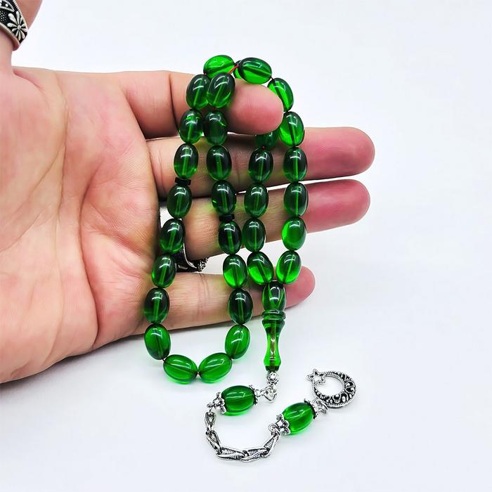 Yeşil Renkte Beyzi Kesim Sıkma Ateş Kehribar Tesbih