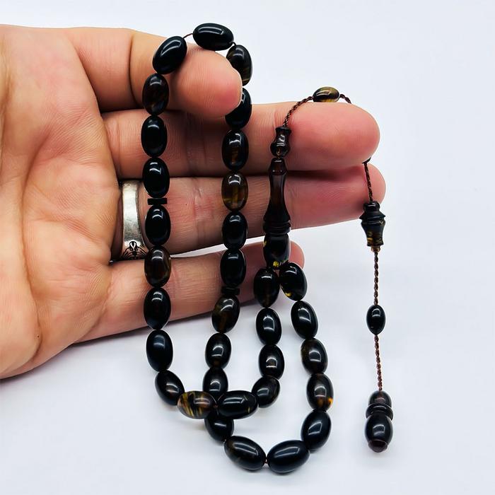 Yeşil Siyah Hareli Sıkma Ateş Kehribar Tesbih