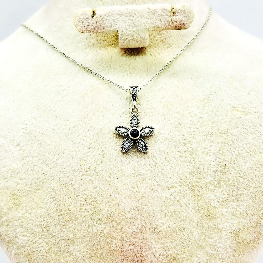 Star Zircon & Oltu Stone Design 925 K Silver Necklace