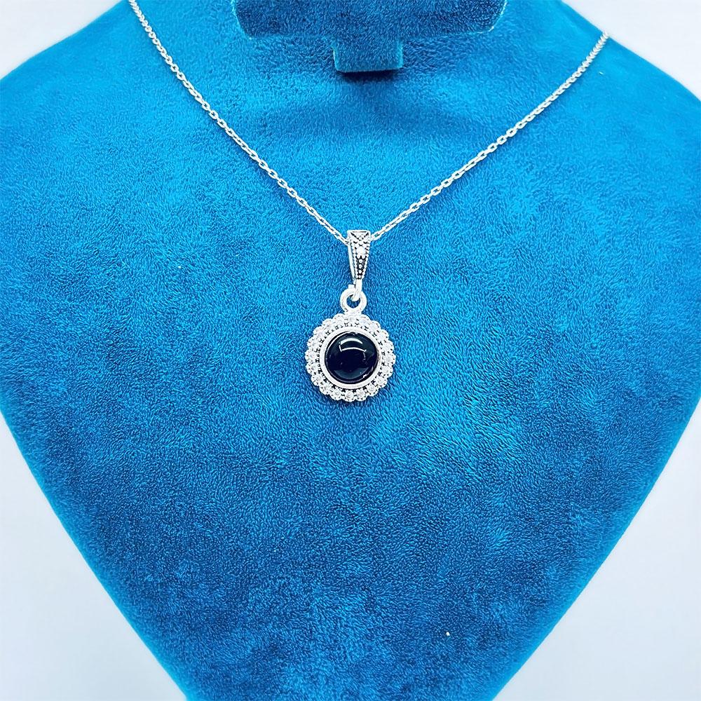 Round Zircon & Oltu Stone Crafted 925 K Silver Necklace