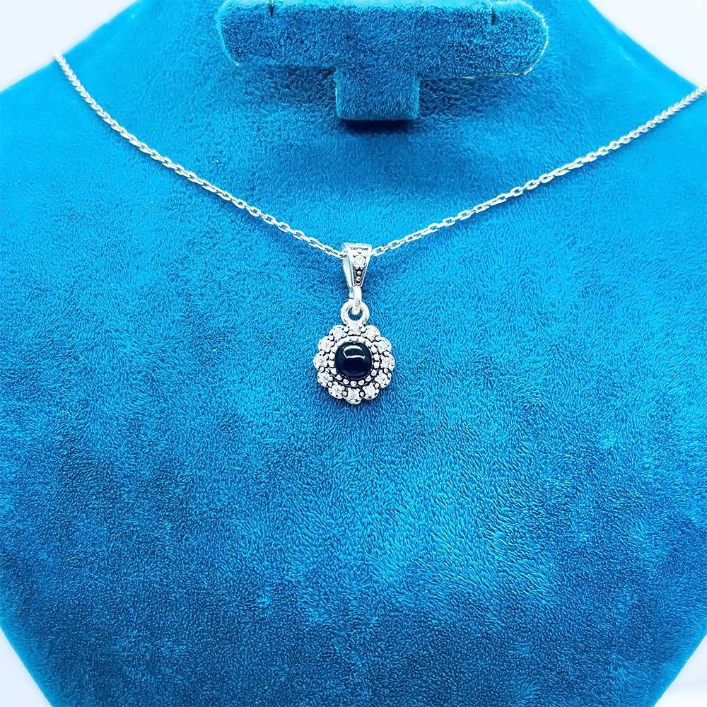 Round Zircon & Oltu Stone Crafted 925 K Silver Necklace