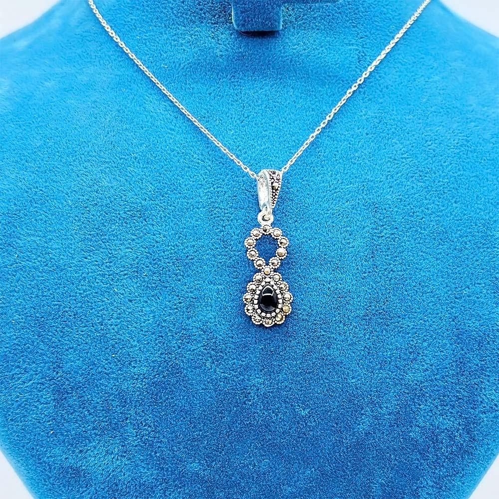 Zircon Drop Oltu Stone Crafted 925 K Silver Necklace