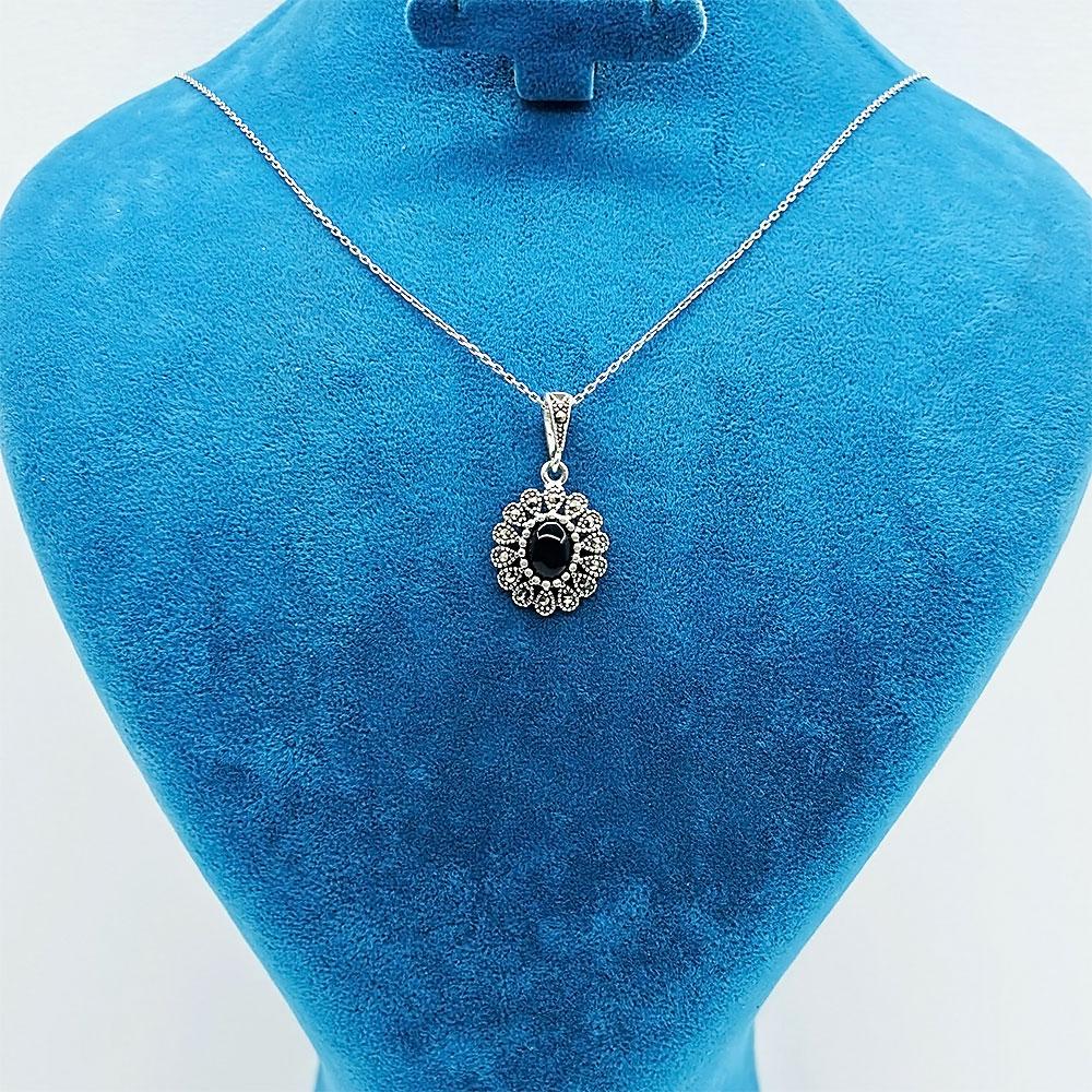 Zircon Drop Oltu Stone Crafted 925 K Silver Necklace