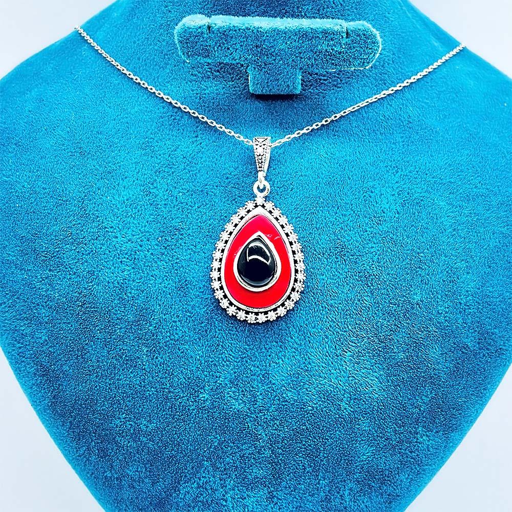 Zircon Enamel & Oltu Stone Crafted 925 K Silver Necklace