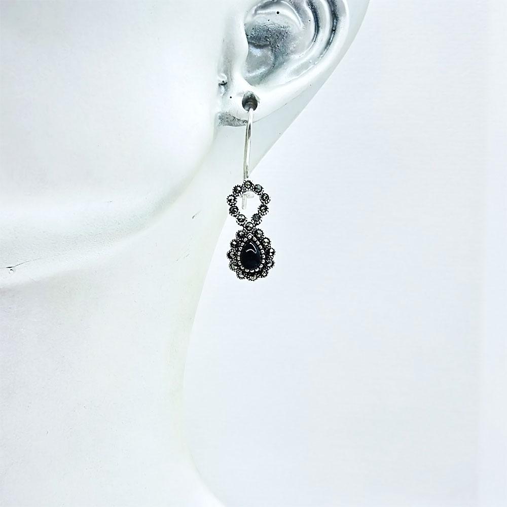 Zircon & Drop Oltu Stone Crafted 925 K Silver Earrings
