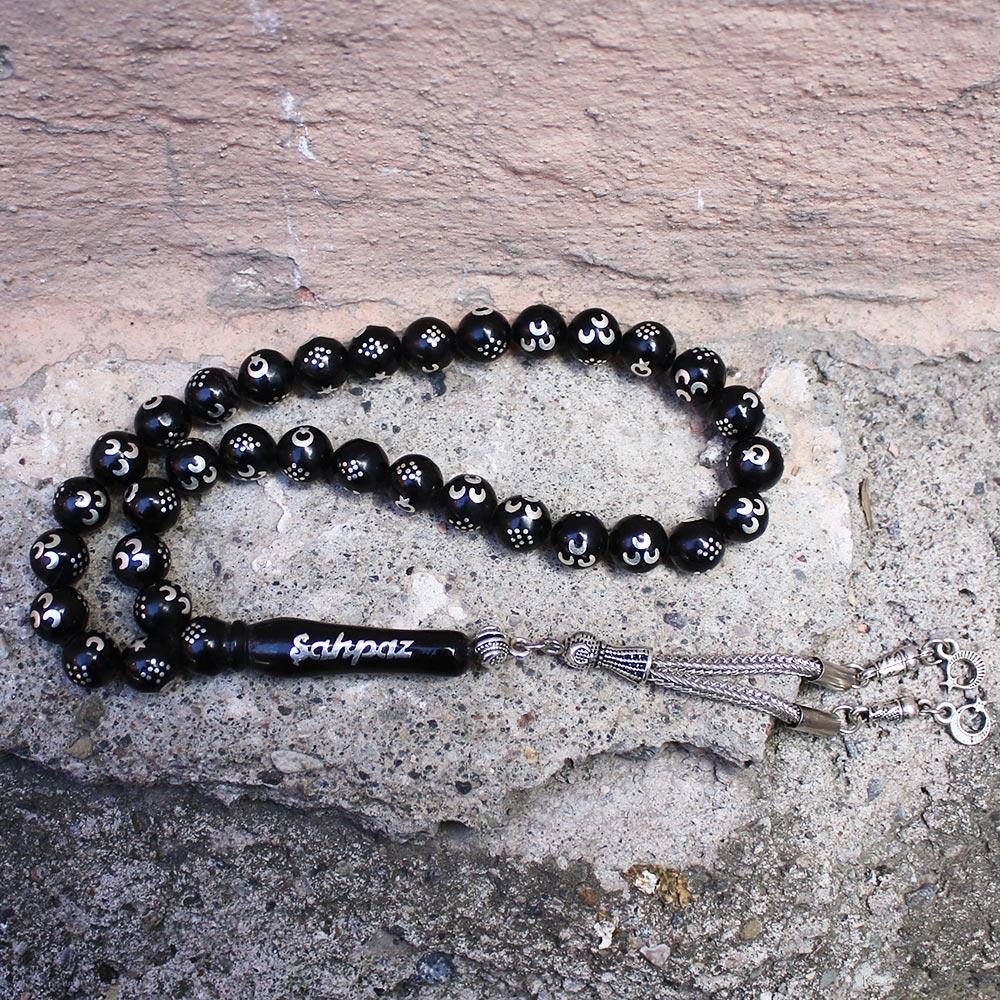 925 K Silver Engraved Silver Plaque Name Engraved Oltu Stone Prayer Beads