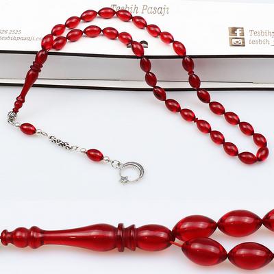  Beyzi Model Kırmızı Renkli Ateş Kehribar Tesbih (7 x 11 mm)