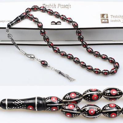  Mercan ve Gümüş Özel Nakkaş Oltu Taşı Tesbih