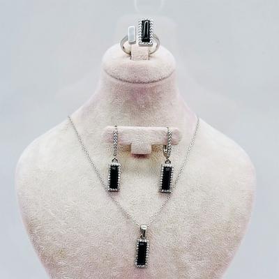  Oltu Taşı İşçilikli 925 Ayar Gümüş Kolye Küpe Yüzük Set