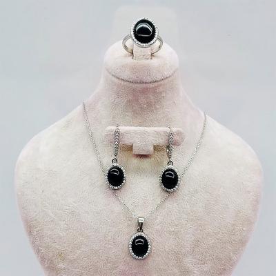  Oltu Taşı İşçilikli 925 Ayar Gümüş Kolye Küpe Yüzük Set