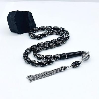 1000 Ayar Gümüş İşlemeli Sertifikalı Oltu Taşı Tesbih