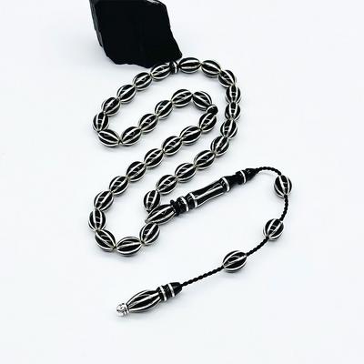 120 Mikron Gümüş İşlemeli Oltu Taşı Tesbih